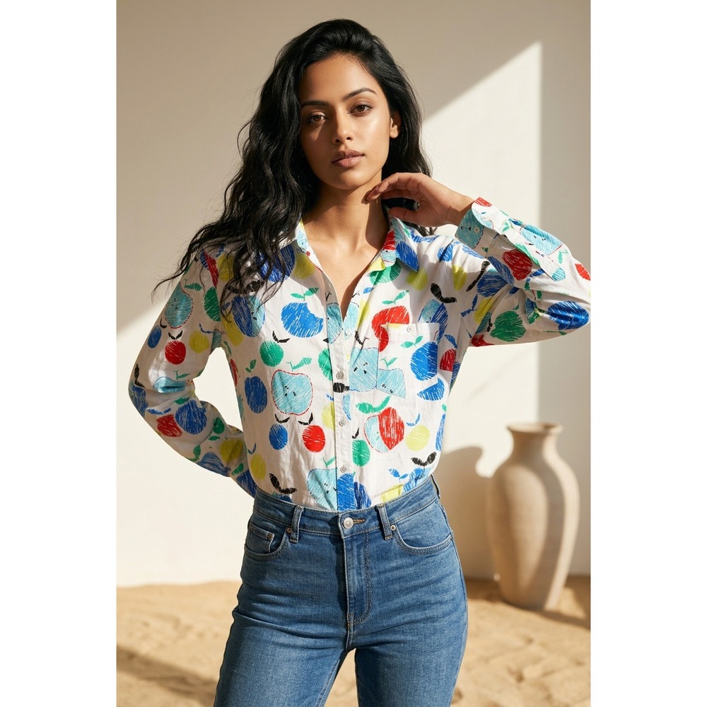 Talbots Woman 2X Button Down Shirt Apple Fruit Print Cotton Long Sleeve White